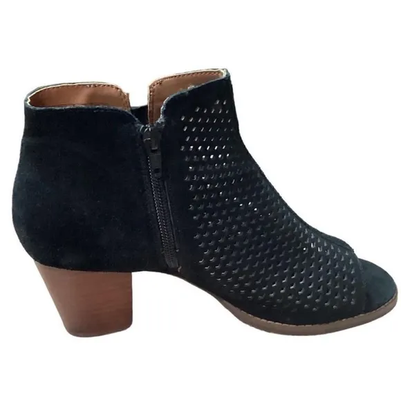 ☁️ Vionic Chryssa Womens 10 Suede Open Peeptoe Ankle Boots Black Zip Perforated