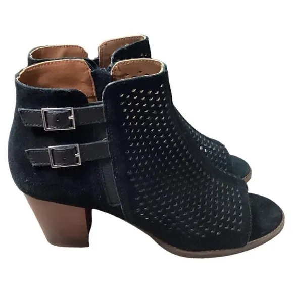 ☁️ Vionic Chryssa Womens 10 Suede Open Peeptoe Ankle Boots Black Zip Perforated