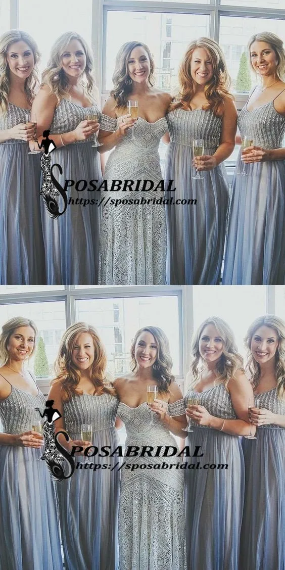 A-Line Spaghetti Straps Blue Sparkly Unique Elegant Hot Bridesmaid Dresses with Sequins,WG329