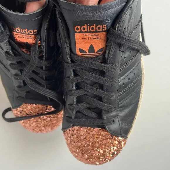 Adidas Superstar 80s Metal Toe TF Shoes Womens 7.5 black copper Toe Bling Glam