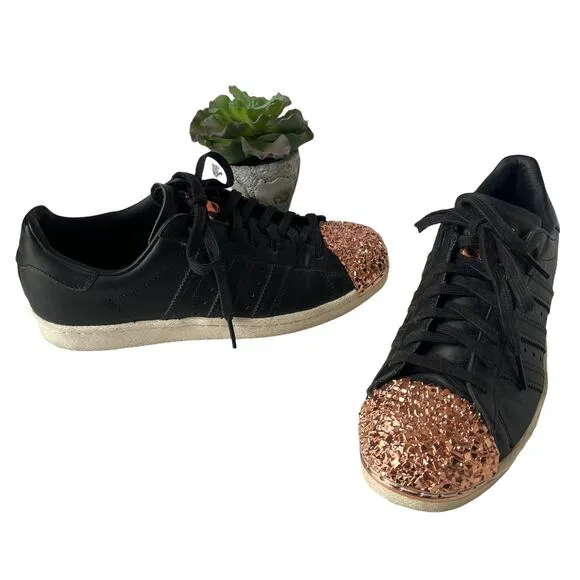 Adidas Superstar 80s Metal Toe TF Shoes Womens 7.5 black copper Toe Bling Glam