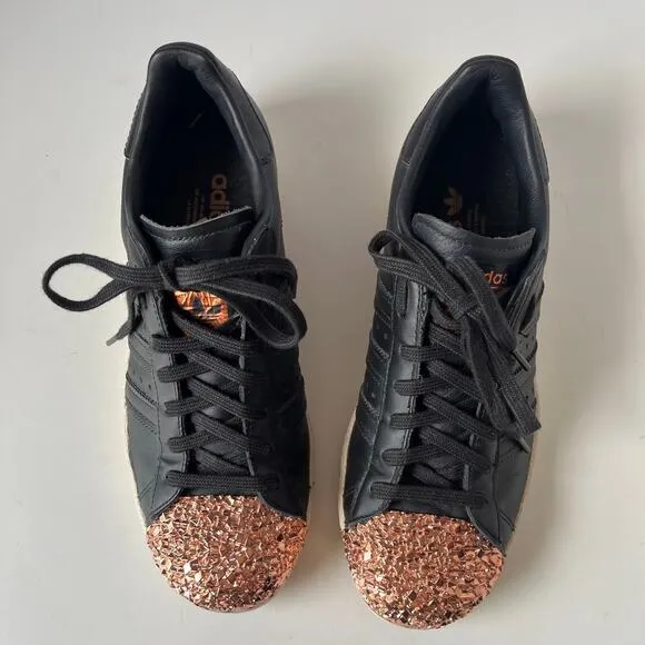 Adidas Superstar 80s Metal Toe TF Shoes Womens 7.5 black copper Toe Bling Glam