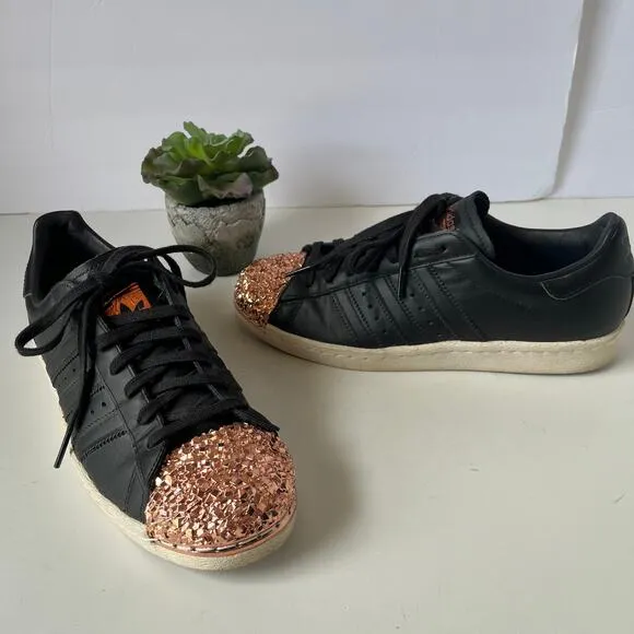 Adidas Superstar 80s Metal Toe TF Shoes Womens 7.5 black copper Toe Bling Glam