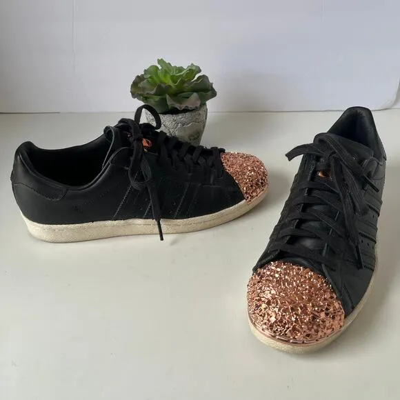 Adidas Superstar 80s Metal Toe TF Shoes Womens 7.5 black copper Toe Bling Glam