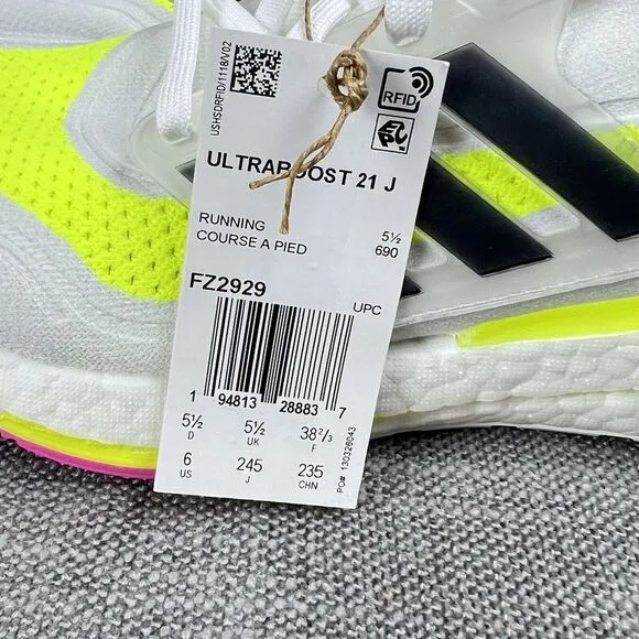 Adidas UltraBoost 21 J 'White Solar Yellow' Running Shoes Mens 6 / Womens 7