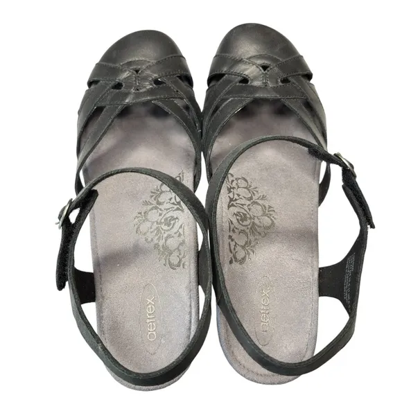 Aetrex Lindsay Closed Toe Wedge Sandal Black Leather Shoe Sz EU 42 US 10.5 / 11