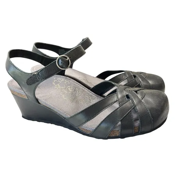 Aetrex Lindsay Closed Toe Wedge Sandal Black Leather Shoe Sz EU 42 US 10.5 / 11