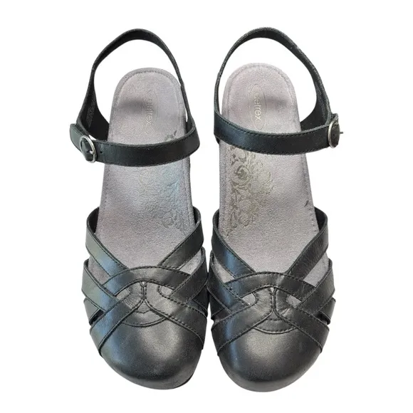 Aetrex Lindsay Closed Toe Wedge Sandal Black Leather Shoe Sz EU 42 US 10.5 / 11