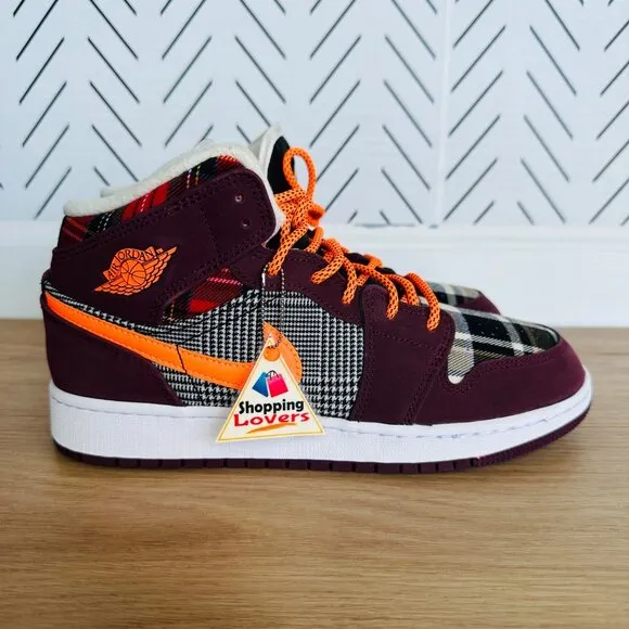 🤩Air Jordan 1 Mid SE (GS) Big Kids Shoes 6Y Night Maroon Black Plaid FD5460-608