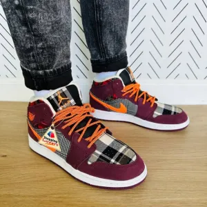 🤩Air Jordan 1 Mid SE (GS) Big Kids Shoes 6Y Night Maroon Black Plaid FD5460-608