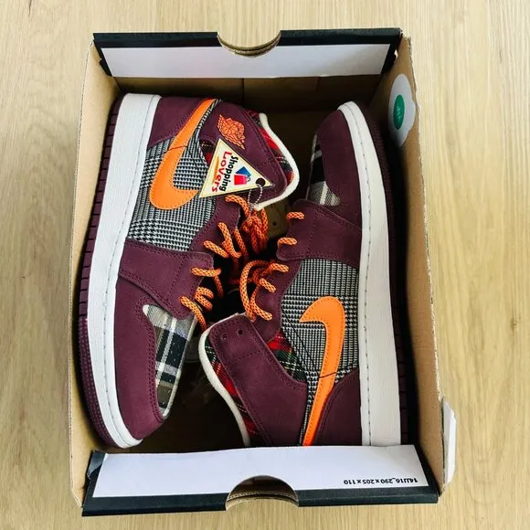 🤩Air Jordan 1 Mid SE (GS) Big Kids Shoes 6Y Night Maroon Black Plaid FD5460-608