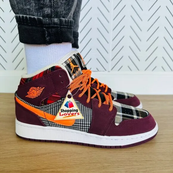 🤩Air Jordan 1 Mid SE (GS) Big Kids Shoes 6Y Night Maroon Black Plaid FD5460-608