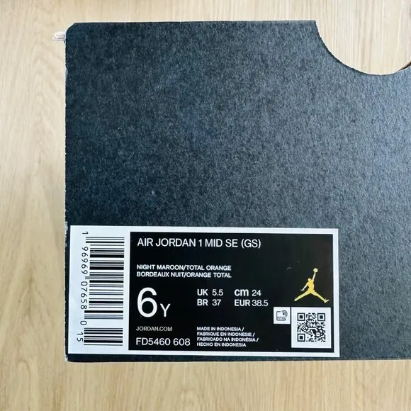 🤩Air Jordan 1 Mid SE (GS) Big Kids Shoes 6Y Night Maroon Black Plaid FD5460-608