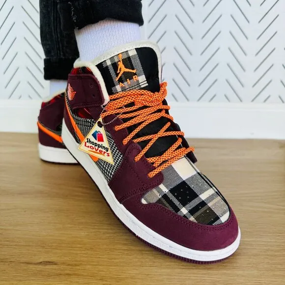 🤩Air Jordan 1 Mid SE (GS) Big Kids Shoes 6Y Night Maroon Black Plaid FD5460-608