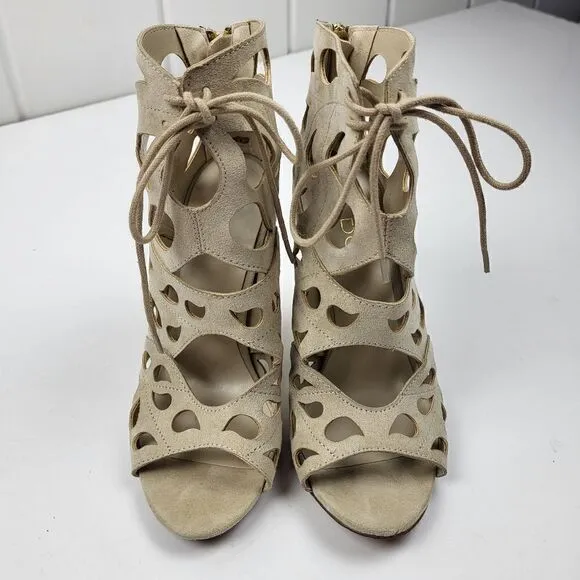 Aldo Tan Suede Laser-Cut Peep Toe Heels, Size 6.5
