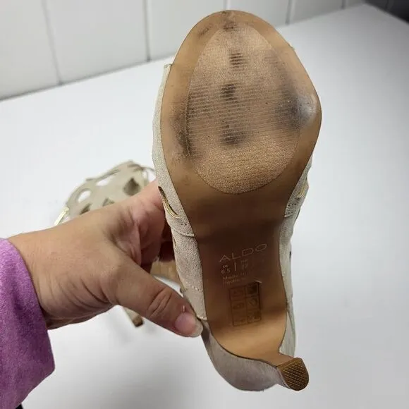 Aldo Tan Suede Laser-Cut Peep Toe Heels, Size 6.5