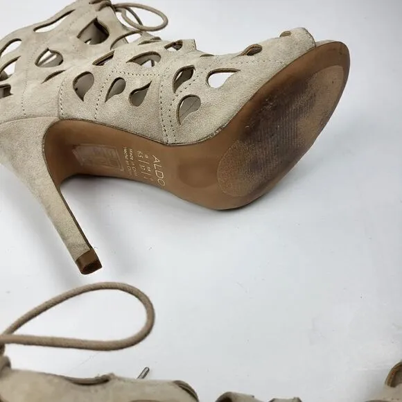 Aldo Tan Suede Laser-Cut Peep Toe Heels, Size 6.5