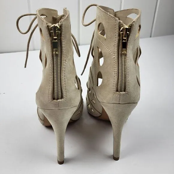 Aldo Tan Suede Laser-Cut Peep Toe Heels, Size 6.5