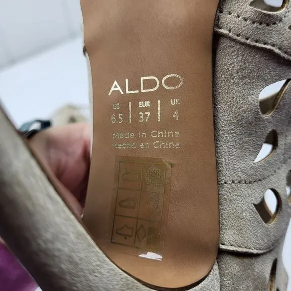 Aldo Tan Suede Laser-Cut Peep Toe Heels, Size 6.5