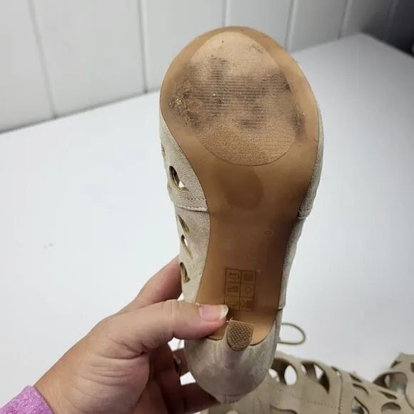 Aldo Tan Suede Laser-Cut Peep Toe Heels, Size 6.5