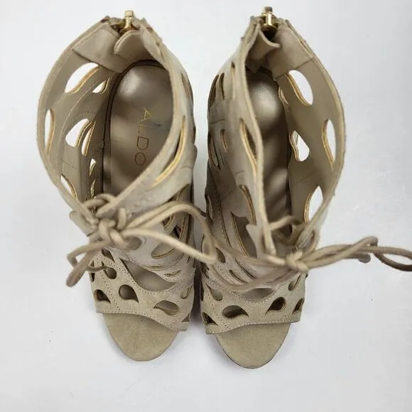Aldo Tan Suede Laser-Cut Peep Toe Heels, Size 6.5