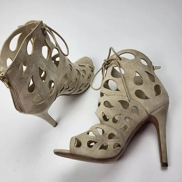 Aldo Tan Suede Laser-Cut Peep Toe Heels, Size 6.5
