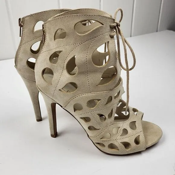 Aldo Tan Suede Laser-Cut Peep Toe Heels, Size 6.5