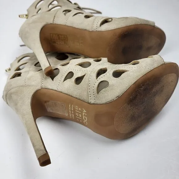 Aldo Tan Suede Laser-Cut Peep Toe Heels, Size 6.5