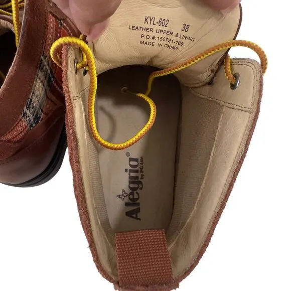 Alegria Kylie Womens Leather &amp; Plaid Lace-Up Ankle Boots SZ 38 Brown/Multicolor
