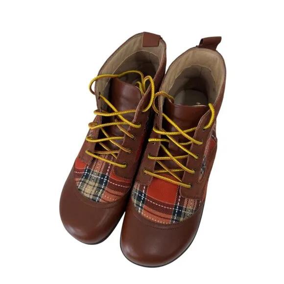 Alegria Kylie Womens Leather &amp; Plaid Lace-Up Ankle Boots SZ 38 Brown/Multicolor
