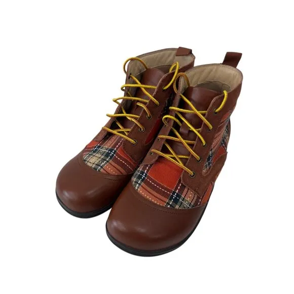 Alegria Kylie Womens Leather &amp; Plaid Lace-Up Ankle Boots SZ 38 Brown/Multicolor