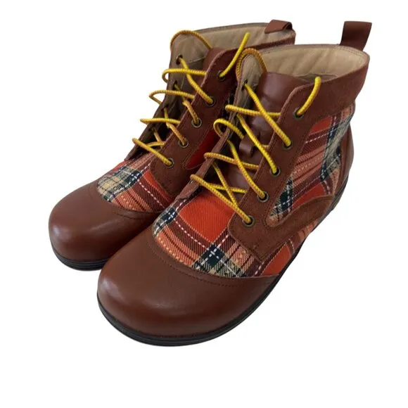 Alegria Kylie Womens Leather &amp; Plaid Lace-Up Ankle Boots SZ 38 Brown/Multicolor