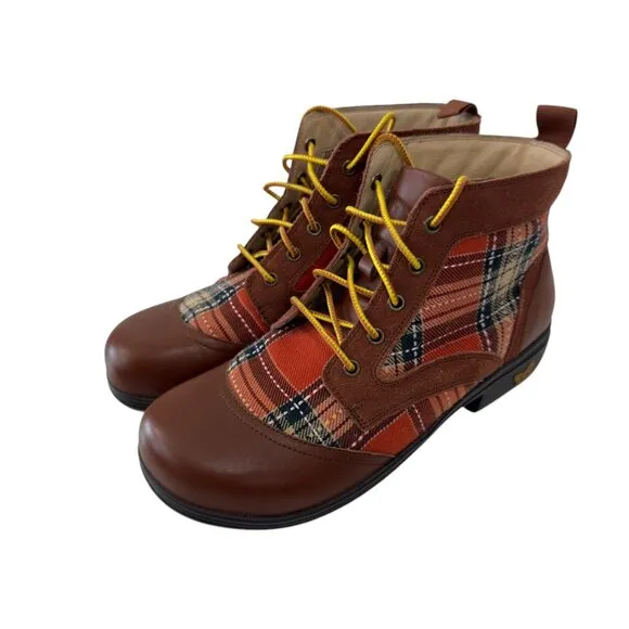Alegria Kylie Womens Leather &amp; Plaid Lace-Up Ankle Boots SZ 38 Brown/Multicolor
