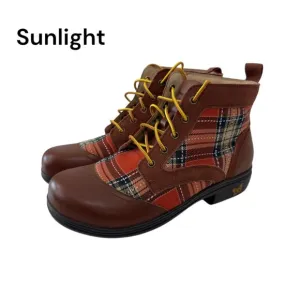 Alegria Kylie Womens Leather &amp; Plaid Lace-Up Ankle Boots SZ 38 Brown/Multicolor