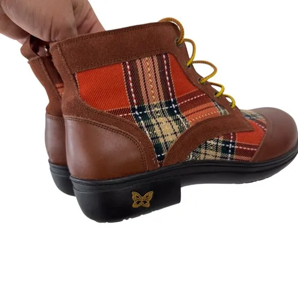 Alegria Kylie Womens Leather &amp; Plaid Lace-Up Ankle Boots SZ 38 Brown/Multicolor