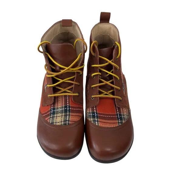 Alegria Kylie Womens Leather &amp; Plaid Lace-Up Ankle Boots SZ 38 Brown/Multicolor