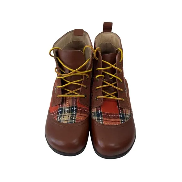 Alegria Kylie Womens Leather &amp; Plaid Lace-Up Ankle Boots SZ 38 Brown/Multicolor