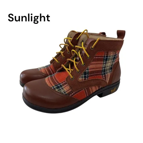 Alegria Kylie Womens Leather &amp; Plaid Lace-Up Ankle Boots SZ 38 Brown/Multicolor
