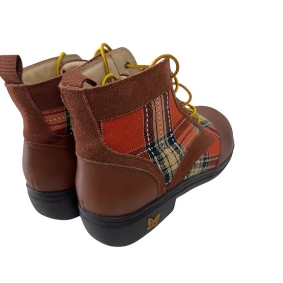 Alegria Kylie Womens Leather &amp; Plaid Lace-Up Ankle Boots SZ 38 Brown/Multicolor