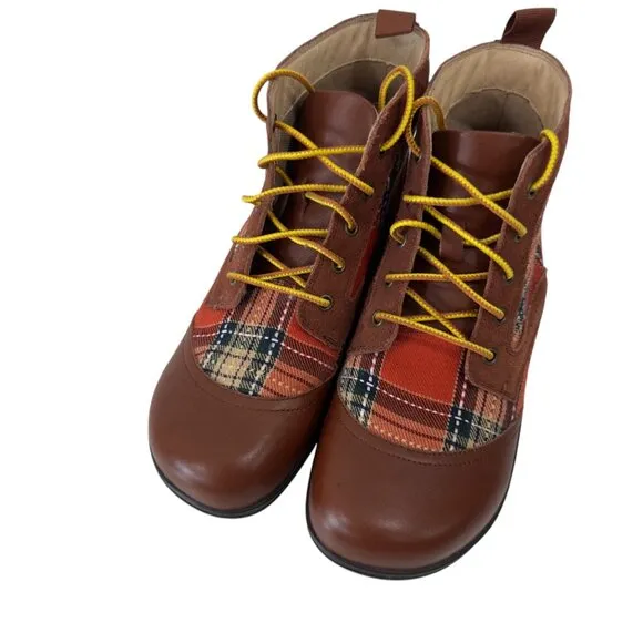 Alegria Kylie Womens Leather &amp; Plaid Lace-Up Ankle Boots SZ 38 Brown/Multicolor