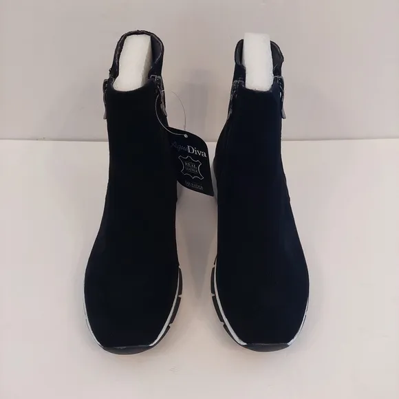 Aqua Diva Brax Black White Suede Ankle Boots Waterproof AD1484 Womens 38/7.5-8