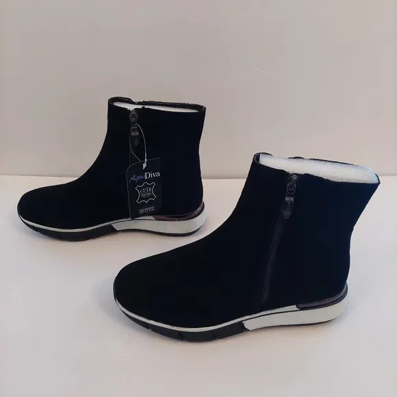 Aqua Diva Brax Black White Suede Ankle Boots Waterproof AD1484 Womens 38/7.5-8