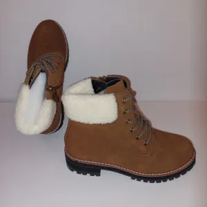 Aqua Diva Sola Faux Shearling Cuff Brn Wht Lace-up Leather Boots Womens Sz 40/9