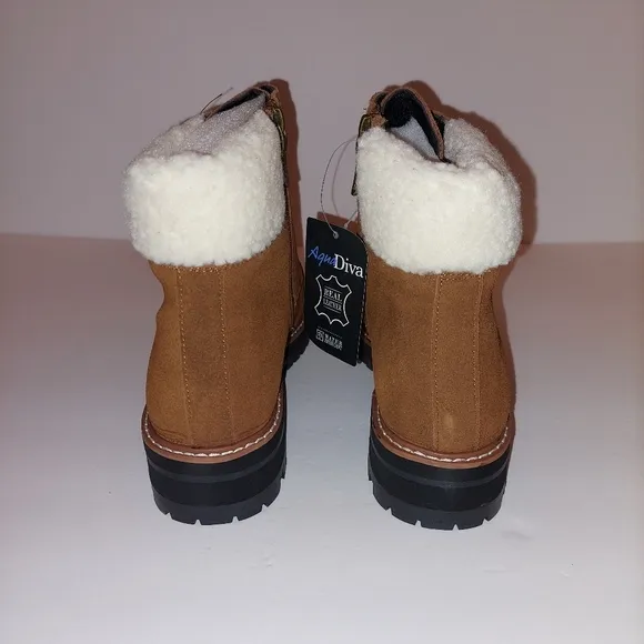 Aqua Diva Sola Faux Shearling Cuff Brn Wht Lace-up Leather Boots Womens Sz 40/9