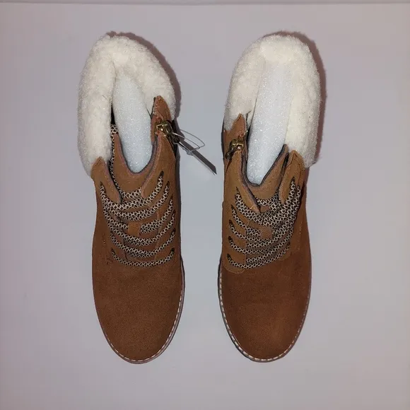 Aqua Diva Sola Faux Shearling Cuff Brn Wht Lace-up Leather Boots Womens Sz 40/9