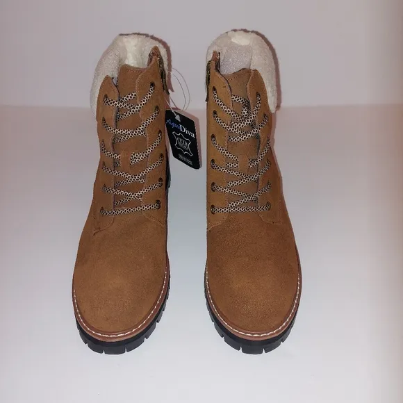 Aqua Diva Sola Faux Shearling Cuff Brn Wht Lace-up Leather Boots Womens Sz 40/9