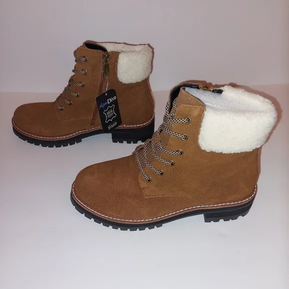 Aqua Diva Sola Faux Shearling Cuff Brn Wht Lace-up Leather Boots Womens Sz 40/9