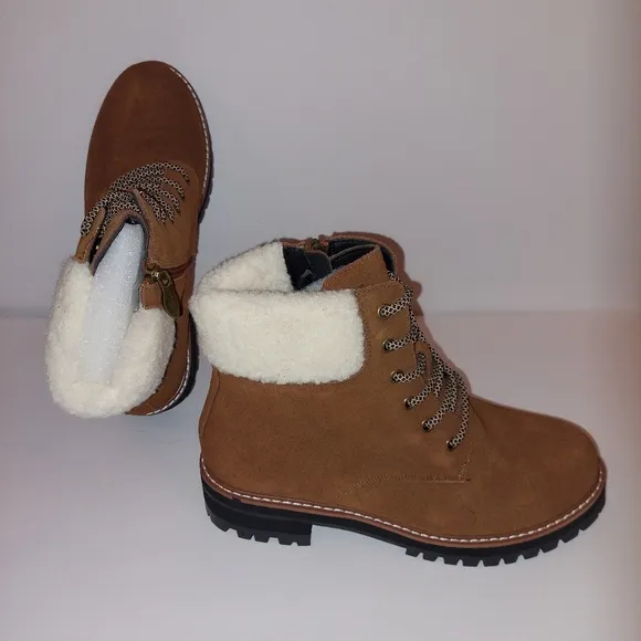 Aqua Diva Sola Faux Shearling Cuff Brn Wht Lace-up Leather Boots Womens Sz 40/9