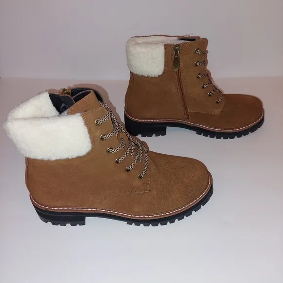 Aqua Diva Sola Faux Shearling Cuff Brn Wht Lace-up Leather Boots Womens Sz 40/9