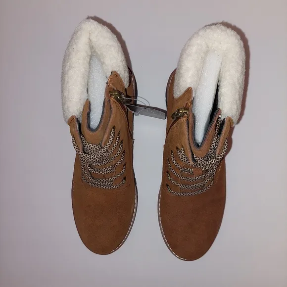 Aqua Diva Sola Faux Shearling Cuff Brn Wht Laceup Leather Boots Womens Sz 41/9.5